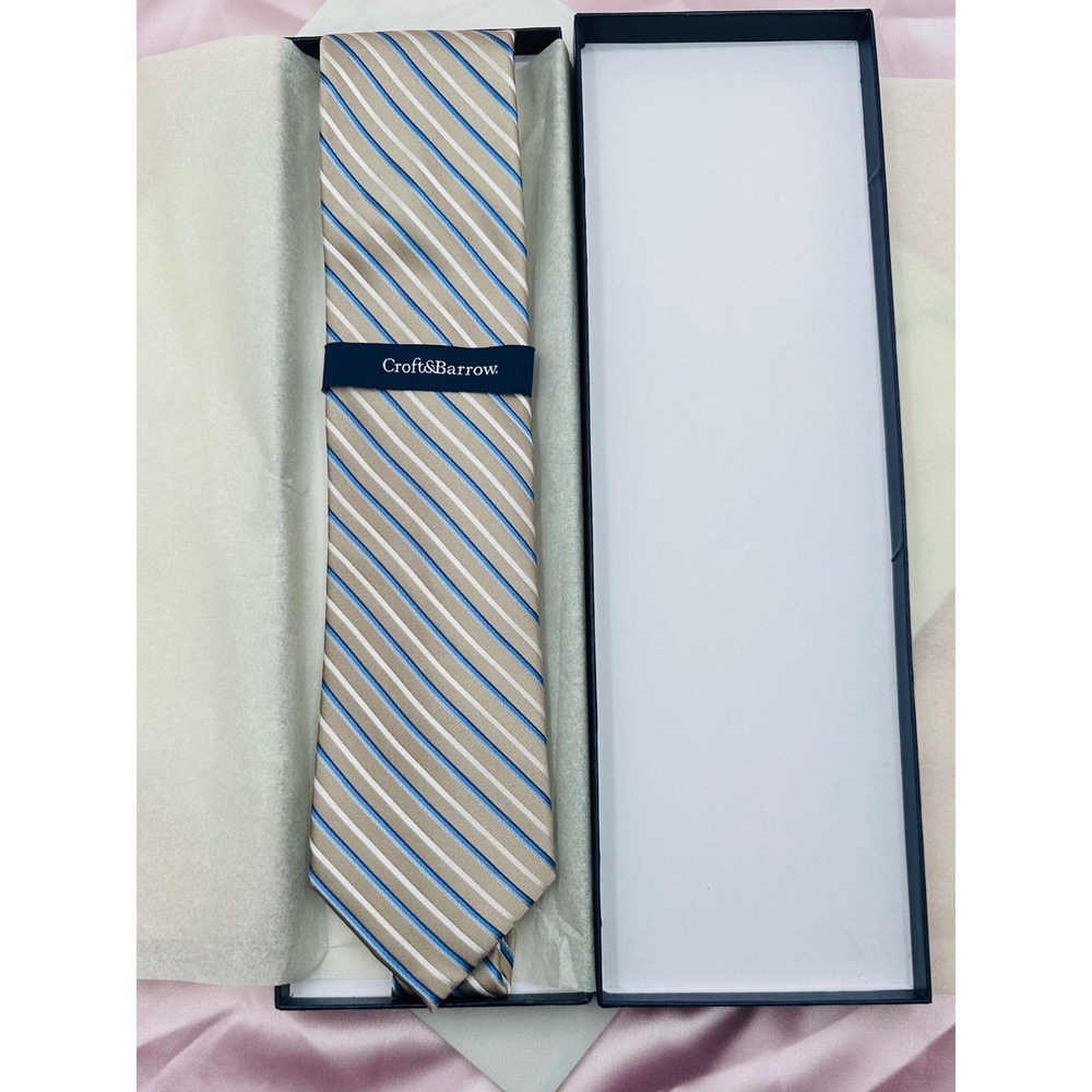 NWT Croft & Barrow Mens Silk Tie Taupe Blue White Striped Nathaniel Core